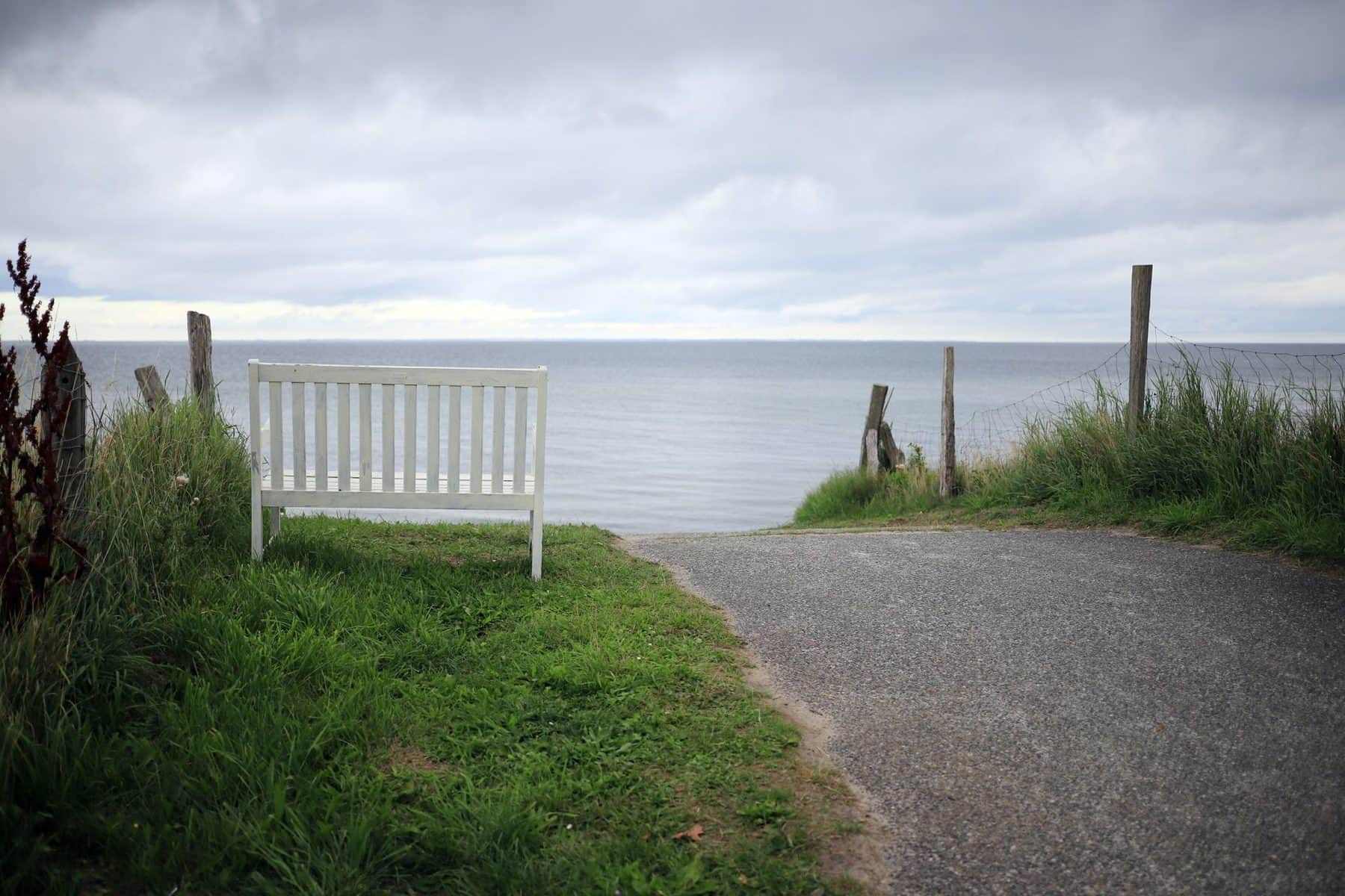 A white wooden bench in the grass at the end of a tarred path, with fence posts and the open Baltic behind.