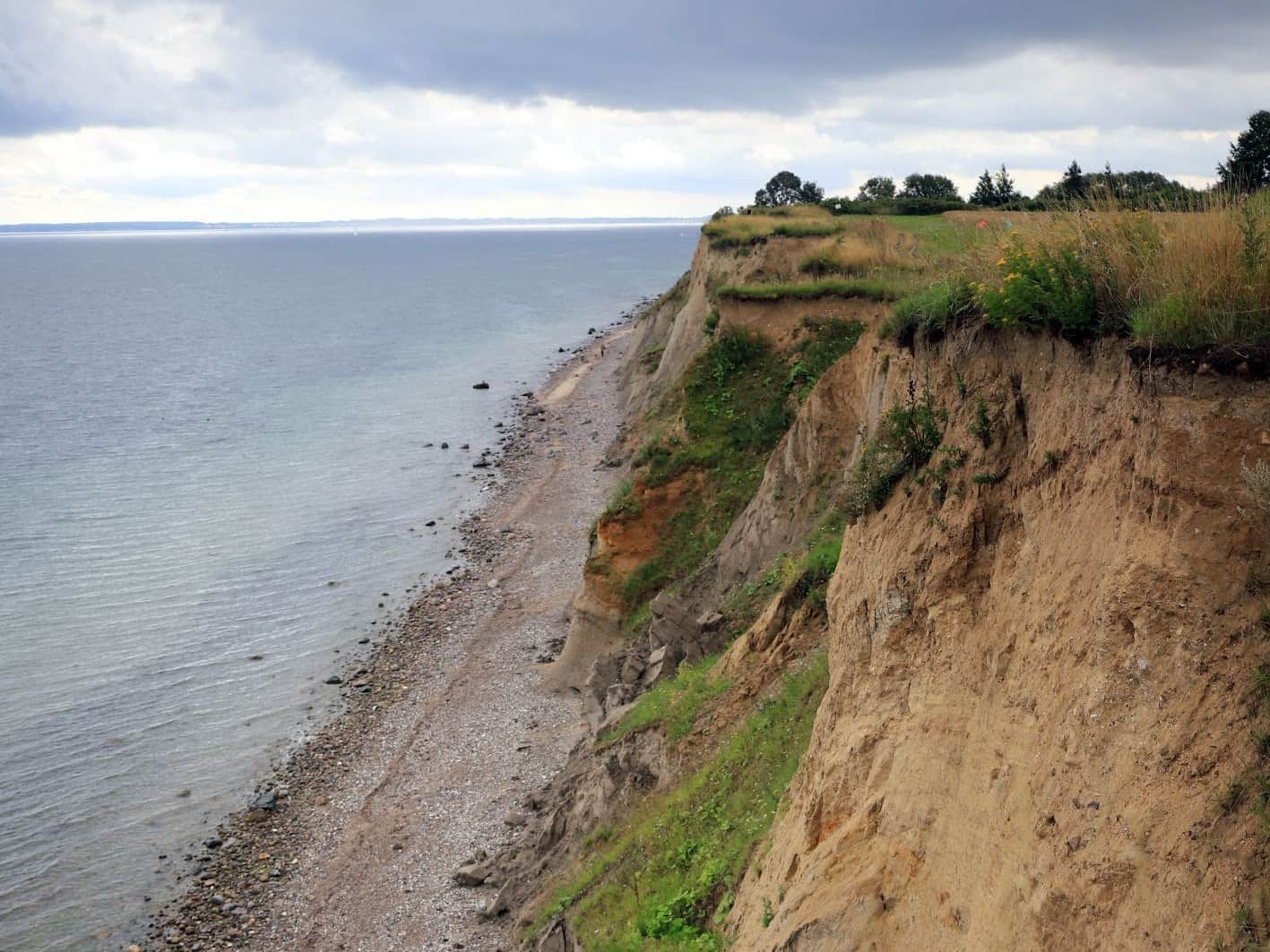 A cliff of slumped sand above a narrow shingle beach, with the Baltic reaching to the horizon on the left.